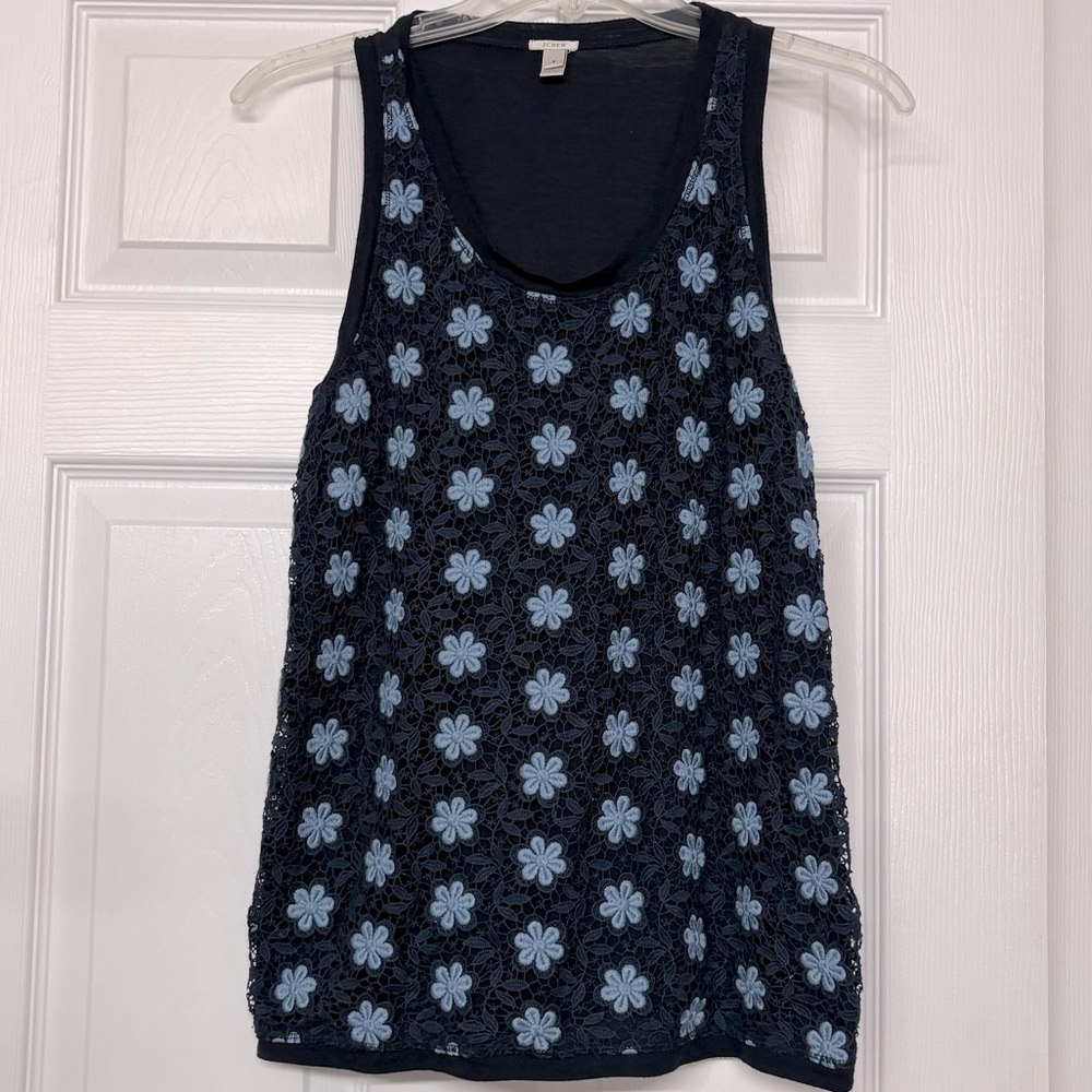 J. Crew Crochet Daisy Lace Front Tank Top Jersey Sleeveless Top Navy Blue Sz S